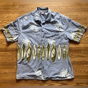 Ali’i Fashions Hawaii Hawaiian Print Shirt Blue Palm Trees Surf Boards XL